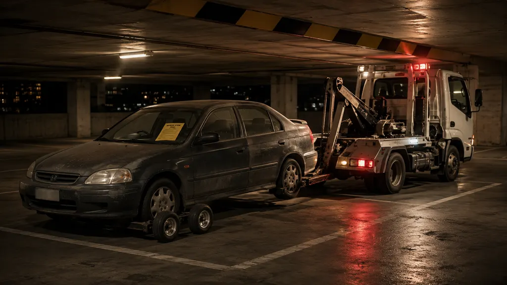 Abandoned vehicle being removed from a multi-level car park
